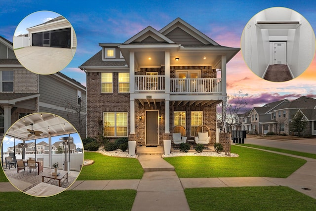 10012 Travis Dr, Providence Village, TX 76227 - view of front facade featuring a balcony, brick siding, and a front lawn