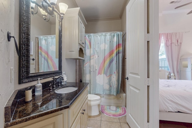 full bathroom featuring shower / bathtub combination with curtain, tile patterned floors, ornamental molding, toilet, and vanity