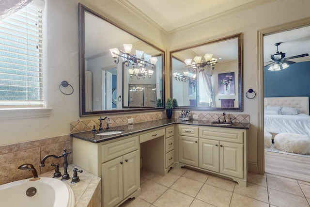 bathroom with ornamental molding, vanity, tile patterned flooring, and decorative backsplash