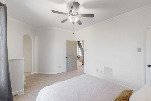 788 Windsong Ln, Rockwall, TX 75032 - bedroom with arched walkways, carpet, ornamental molding, baseboards, and a ceiling fan