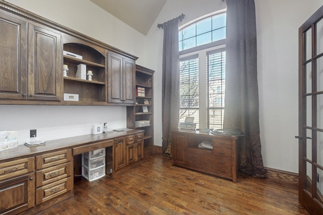 788 Windsong Ln, Rockwall, TX 75032 - office area featuring beverage cooler, built in desk, lofted ceiling, and dark wood finished floors
