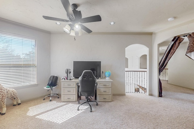 788 Windsong Ln, Rockwall, TX 75032 - home office featuring light carpet, ornamental molding, ceiling fan, and baseboards