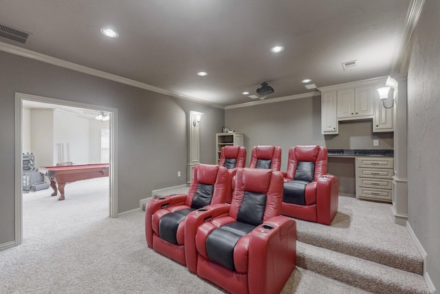 788 Windsong Ln, Rockwall, TX 75032 - cinema room featuring light carpet, recessed lighting, pool table, crown molding, and baseboards