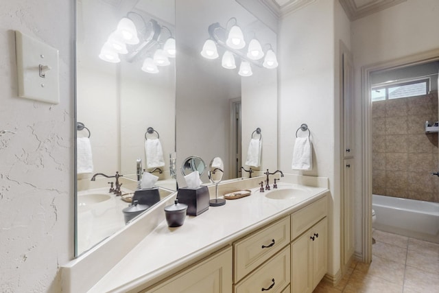 full bathroom with tiled shower / bath combo, tile patterned flooring, toilet, ornamental molding, and vanity