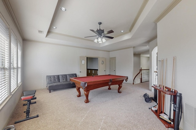 playroom featuring a tray ceiling, ornamental molding, carpet floors, and billiards