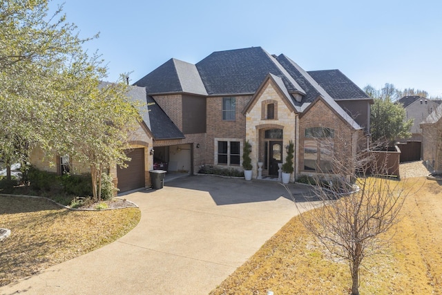 788 Windsong Ln, Rockwall, TX 75032 - french provincial home with driveway, roof with shingles, an attached garage, brick siding, and stone siding