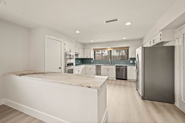 kitchen featuring appliances with stainless steel finishes, white cabinets, backsplash, light wood-type flooring, and kitchen peninsula