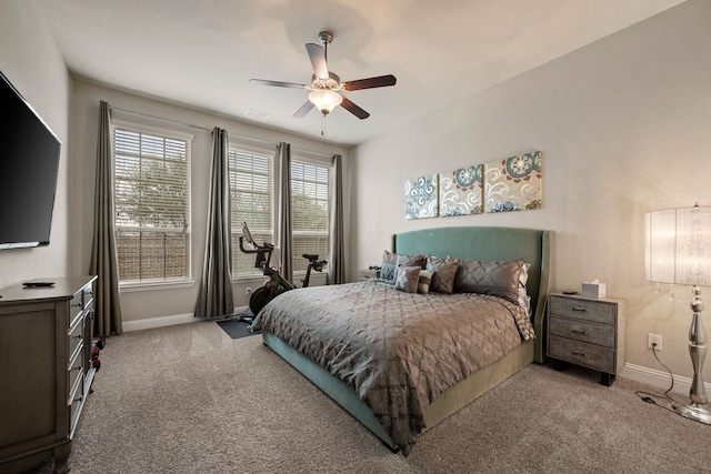 bedroom featuring carpet flooring, ceiling fan, and baseboards