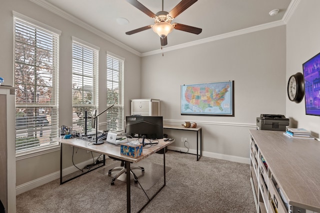 office with light carpet, baseboards, and crown molding