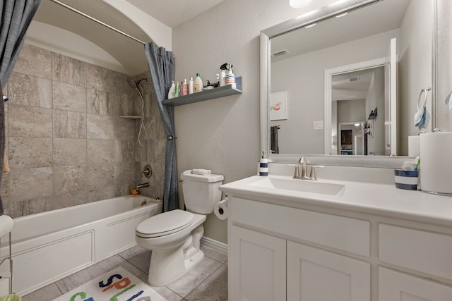 full bath featuring tile patterned flooring, toilet, vanity, visible vents, and shower / bath combination with curtain