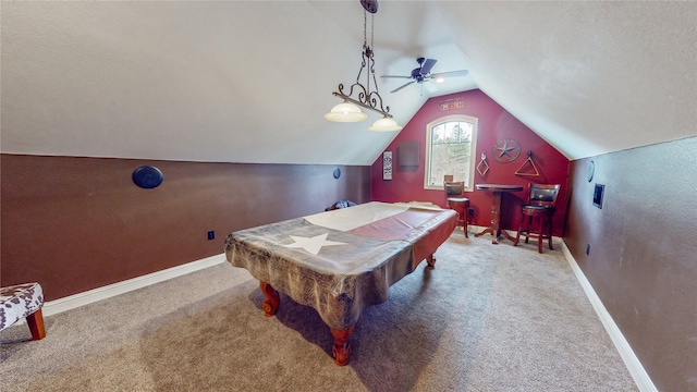 game room featuring a textured ceiling, vaulted ceiling, pool table, and carpet flooring