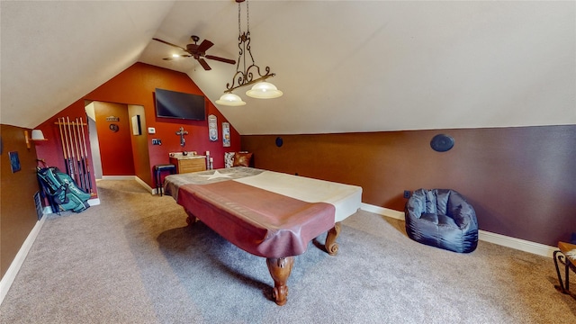 recreation room with ceiling fan, pool table, carpet, and lofted ceiling