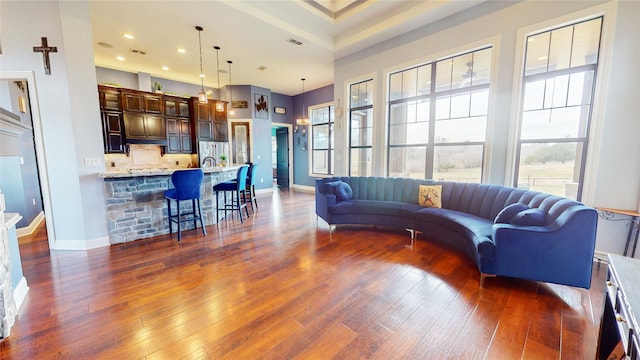 living room featuring dark wood-type flooring