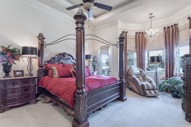 bedroom featuring ornamental molding, multiple windows, and light colored carpet