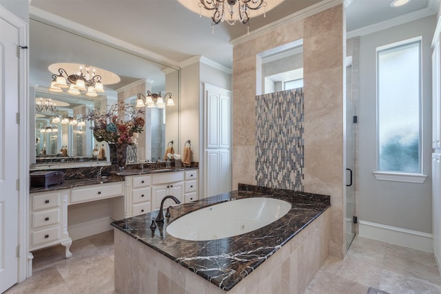 full bathroom featuring ornamental molding, a jetted tub, a shower stall, and a notable chandelier