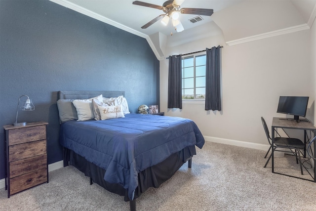 carpeted bedroom featuring ornamental molding, visible vents, baseboards, and a ceiling fan