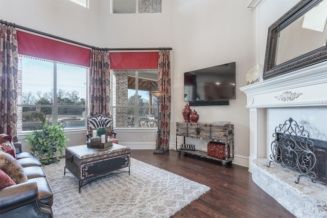 living area featuring baseboards and dark wood-style flooring