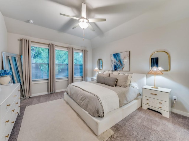 bedroom featuring ceiling fan and light colored carpet