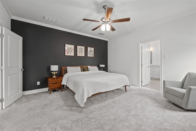 bedroom with ornamental molding, visible vents, light carpet, and baseboards