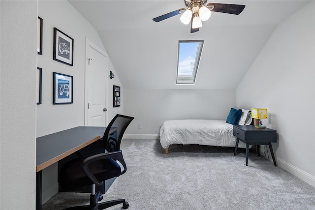 carpeted bedroom with lofted ceiling, ceiling fan, and baseboards