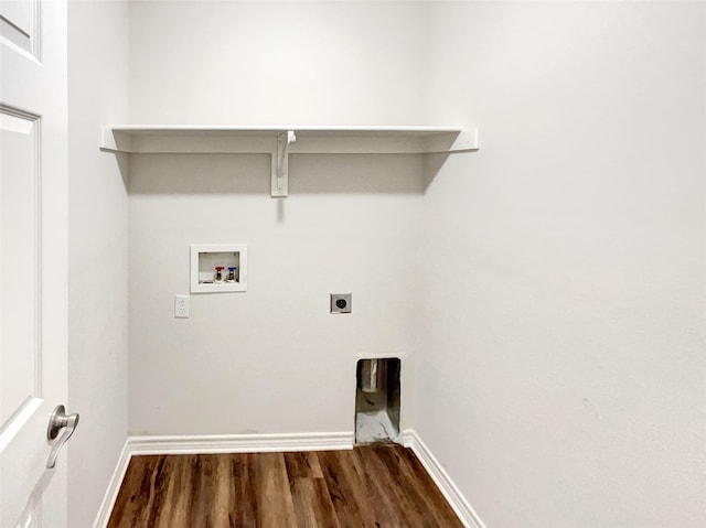 washroom with dark wood-type flooring, hookup for an electric dryer, and washer hookup