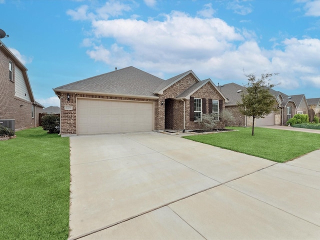 single story home with a front lawn, a garage, and cooling unit