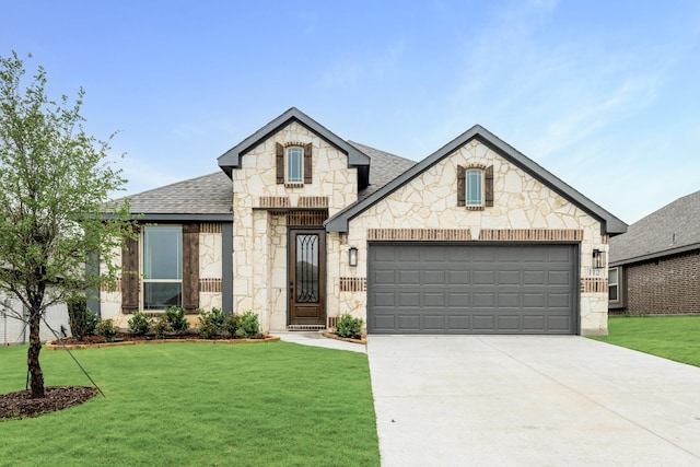 112 Woodlands Way, Balch Springs, TX 75181 - french country inspired facade with stone siding, roof with shingles, concrete driveway, a front lawn, and an attached garage