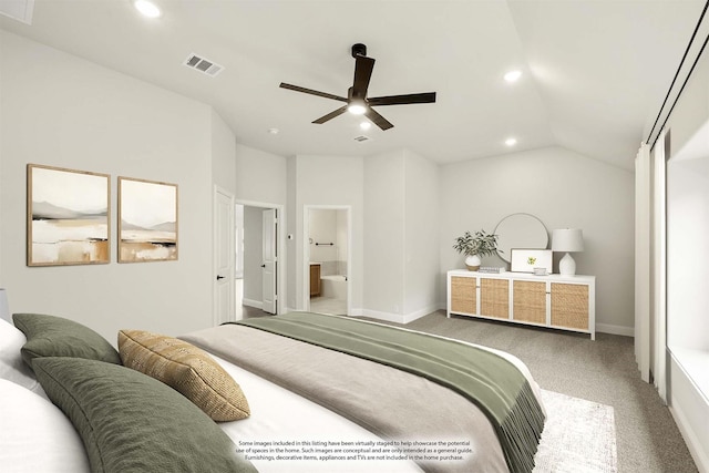 112 Woodlands Way, Balch Springs, TX 75181 - carpeted bedroom with recessed lighting, vaulted ceiling, ensuite bathroom, baseboards, and a ceiling fan