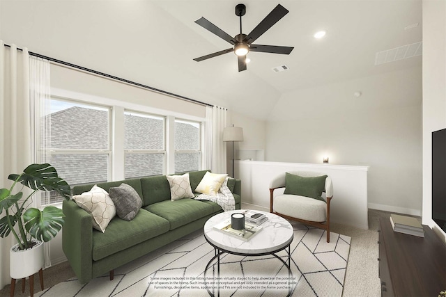 112 Woodlands Way, Balch Springs, TX 75181 - living room featuring lofted ceiling, a ceiling fan, baseboards, and recessed lighting