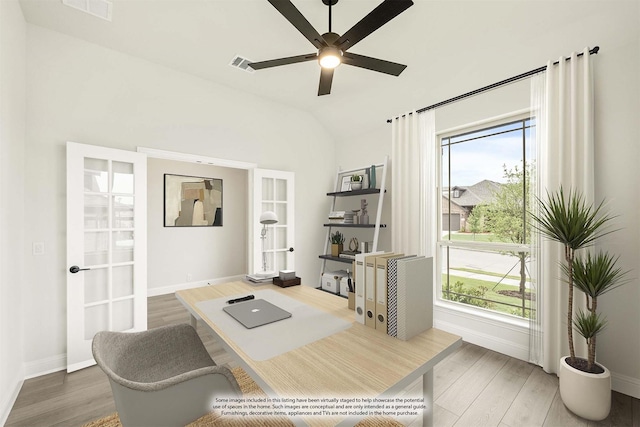 112 Woodlands Way, Balch Springs, TX 75181 - office space with wood finished floors, a ceiling fan, baseboards, healthy amount of natural light, and lofted ceiling