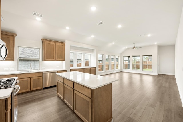 112 Woodlands Way, Balch Springs, TX 75181 - kitchen featuring stainless steel appliances, a sink, a kitchen island, a ceiling fan, and light wood-style floors