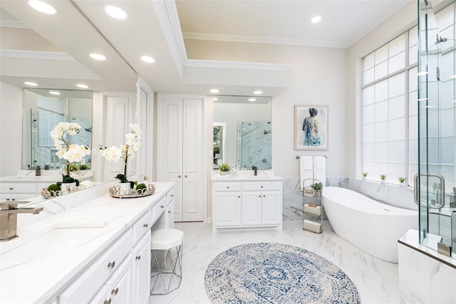 bathroom with ornamental molding, vanity, and plus walk in shower