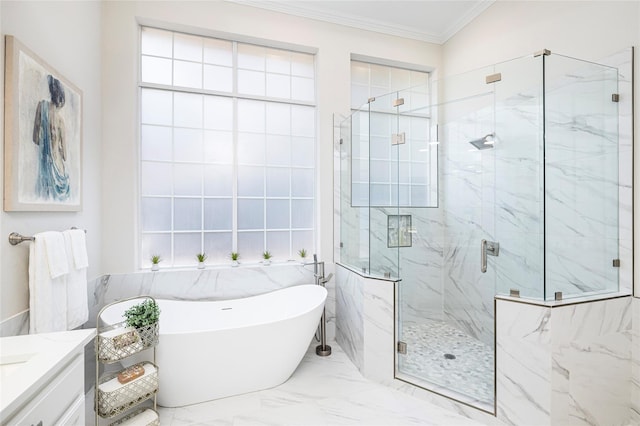 bathroom with vanity, crown molding, and independent shower and bath