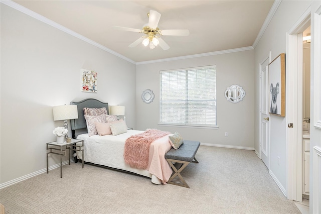 bedroom featuring crown molding, light colored carpet, and ceiling fan