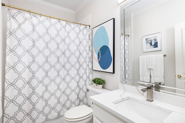 bathroom with ornamental molding, vanity, toilet, and walk in shower