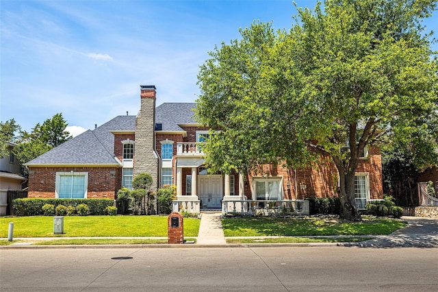 view of front of property featuring a balcony and a front lawn