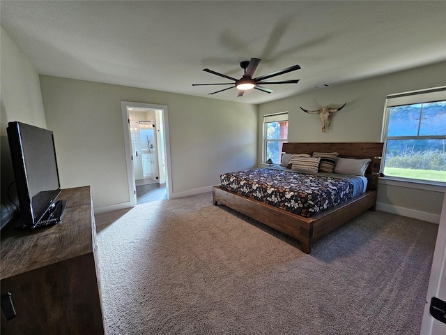 bedroom with baseboards, visible vents, dark carpet, and ceiling fan