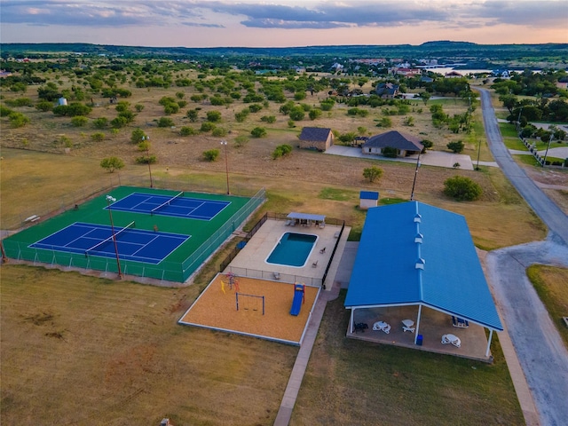 view of aerial view at dusk