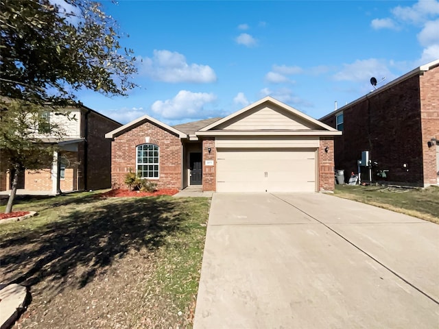 ranch-style house with a garage, concrete driveway, brick siding, and a front lawn