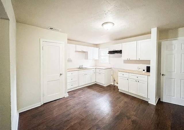 kitchen featuring white cabinetry, sink, a textured ceiling, and dark hardwood / wood-style flooring