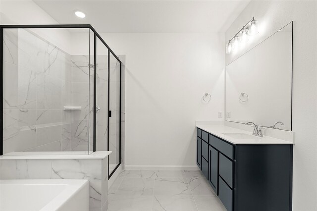 5038 Duck Cove Cir, Royse City, TX 75189 - bathroom with marble look tile flooring, a shower stall, baseboards, and recessed lighting