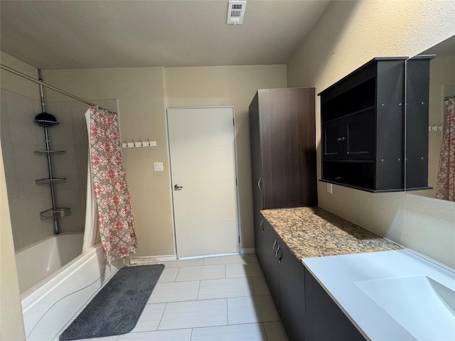 full bath featuring tile patterned flooring, vanity, visible vents, and shower / bathtub combination with curtain