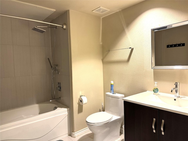 bathroom with toilet, visible vents, shower / bathing tub combination, and vanity