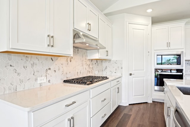 2321 Wellington Ln, Corinth, TX 76210 - kitchen featuring stainless steel appliances, under cabinet range hood, white cabinetry, dark wood finished floors, and tasteful backsplash