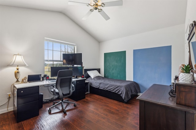 bedroom with lofted ceiling, hardwood / wood-style flooring, and a ceiling fan