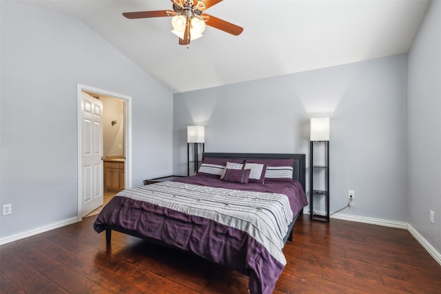 bedroom with ceiling fan, vaulted ceiling, baseboards, and hardwood / wood-style flooring