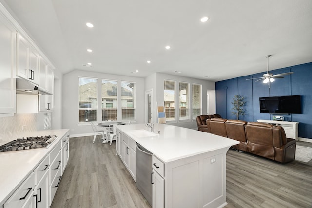 kitchen with appliances with stainless steel finishes, light wood-style floors, a healthy amount of sunlight, and a sink