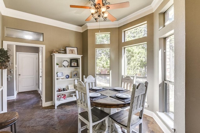 dining room featuring ceiling fan and ornamental molding