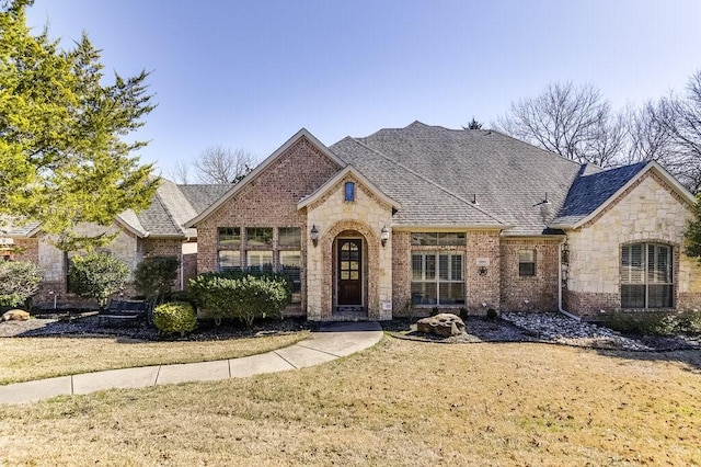 french country inspired facade with a front lawn