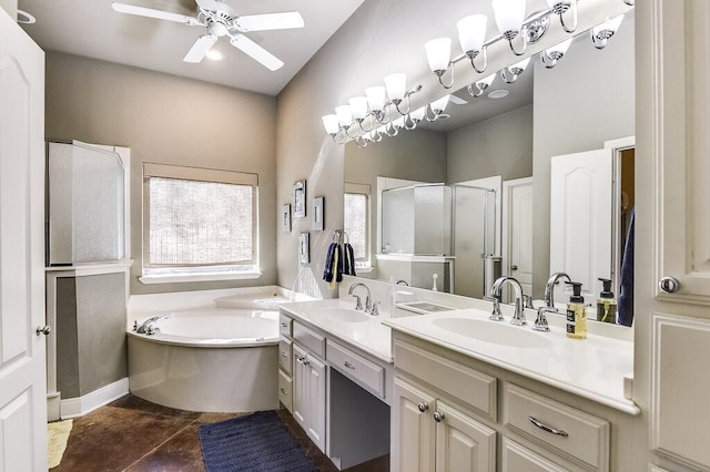 bathroom with ceiling fan, vanity, and independent shower and bath